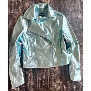 Steve Madden Metallic Faux Leather Moto Jacket Ice Blue Mint XS Cropped‎ Biker
